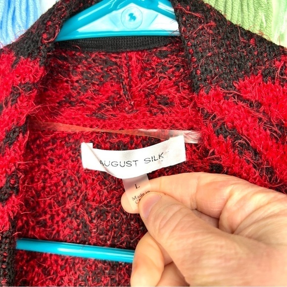 August Silk Feathered Buffalo Plaid Open Buffalo Check Cozy Soft Cardigan Large - Picture 8 of 9